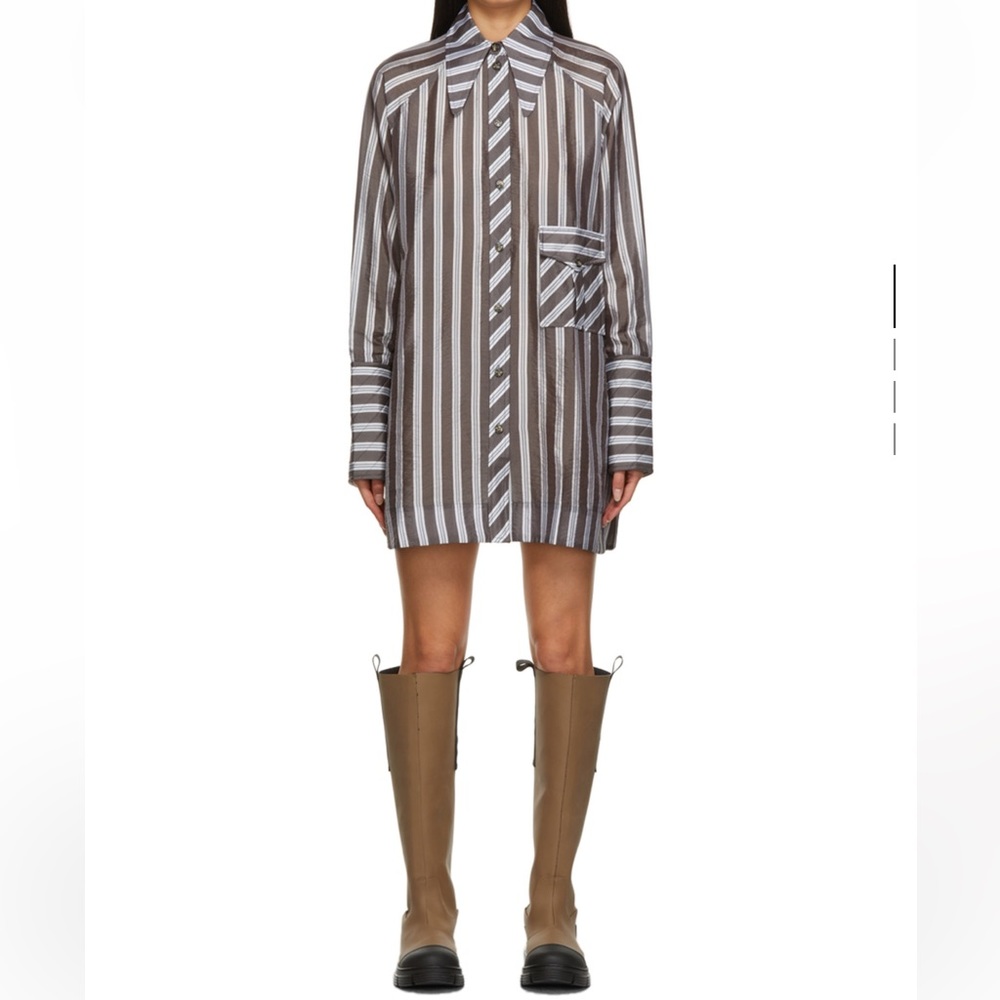 GANNI grey and white lightweight stripe mini dress long sleeve
